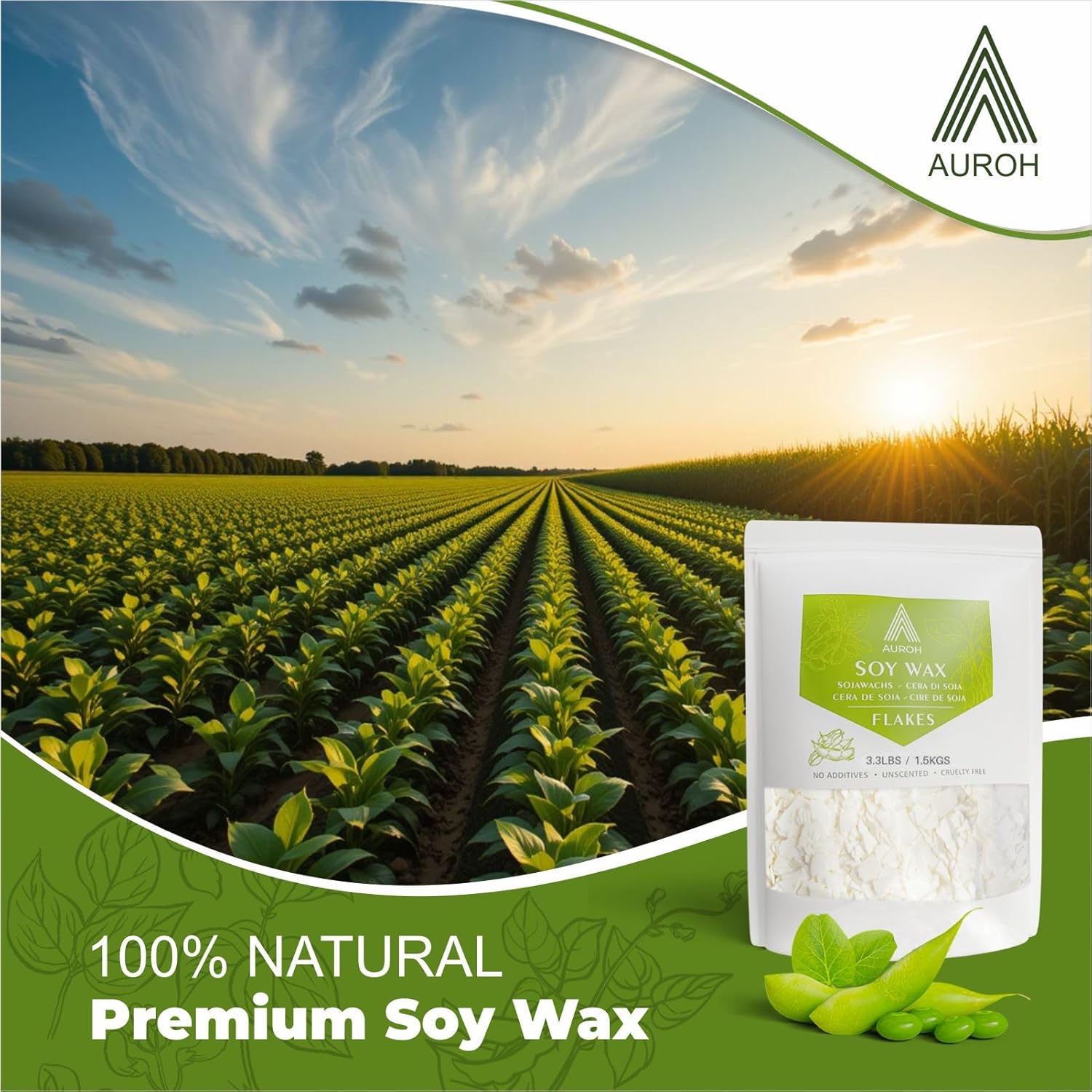 Auroh Candle Wax Flakes - 1.5KG of Natural Soy Wax for Candle Making - Biodegradable and Eco-Friendly Wax for Wax Melts, Crafting, and DIY Projects - Clean Burning with no soot.