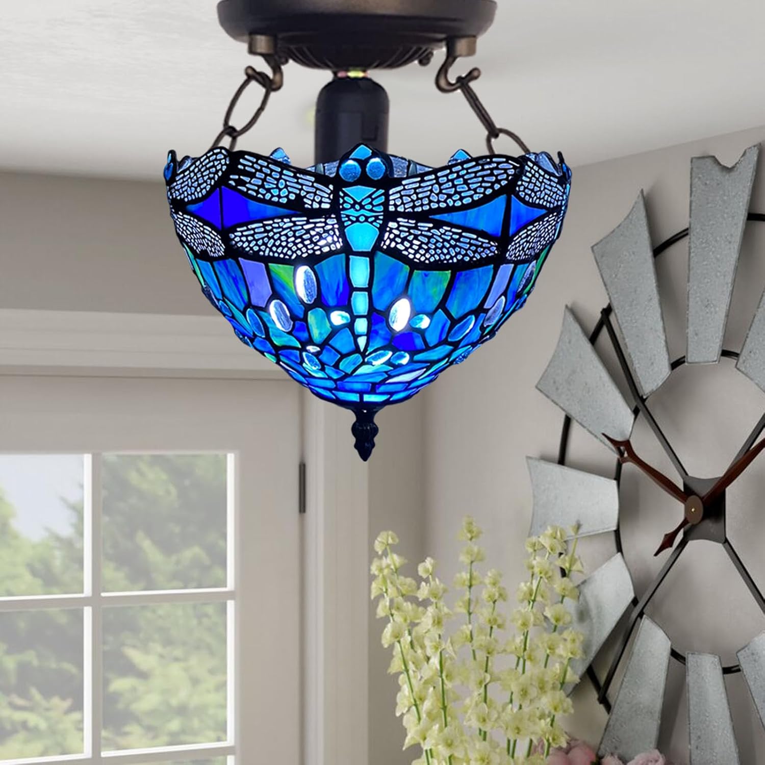 Tiffany Style Ceiling Lamps Stained Glass Handcrafted Lamp Shades Antique Design Ceiling Light for Living Room Bedroom Lounge Hallway (C-1007)