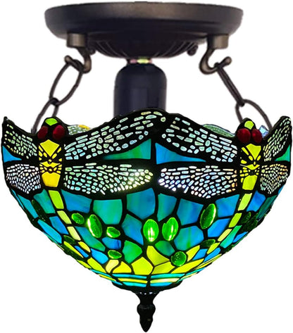 Tiffany Style Ceiling Lamps Stained Glass Handcrafted Lamp Shades Antique Design Ceiling Light for Living Room Bedroom Lounge Hallway (C-1015)