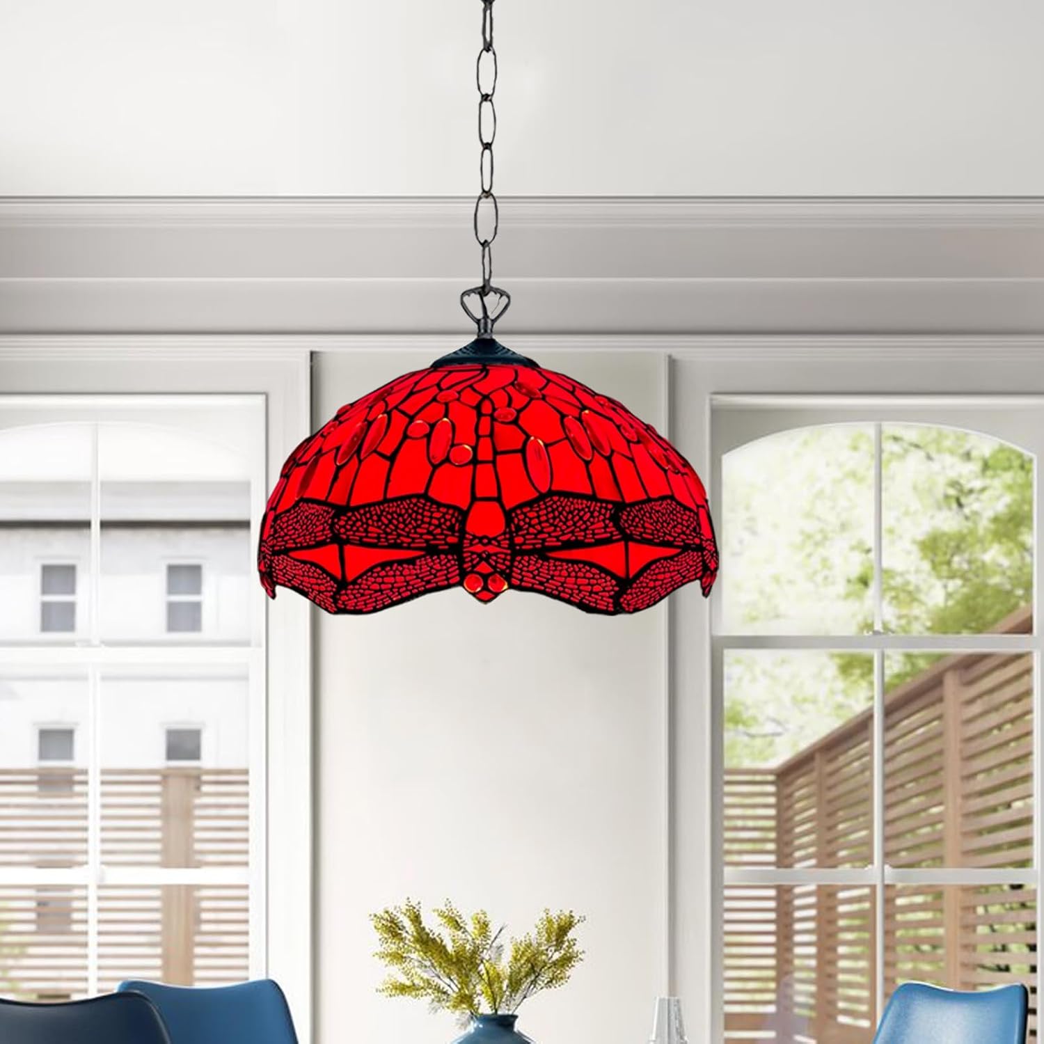 Tiffany Pendant Light 16 inch Handcrafted Lamp Shade Antique Dragonfly Design Pendant Ceiling Lights for Living Room Decor Home Decor Lounge