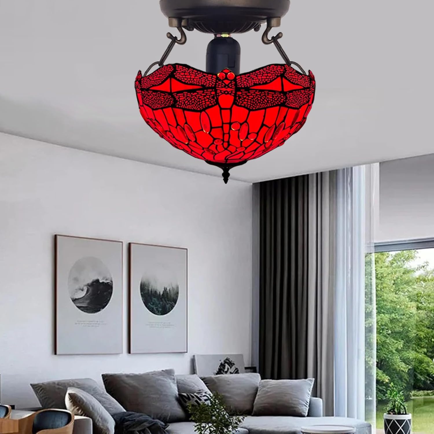 Tiffany Ceiling Lights 16 inch Handcrafted Lamp Shade Antique Dragonfly Design Ceiling Lamps for Living Room Decor Home Decor Lounge