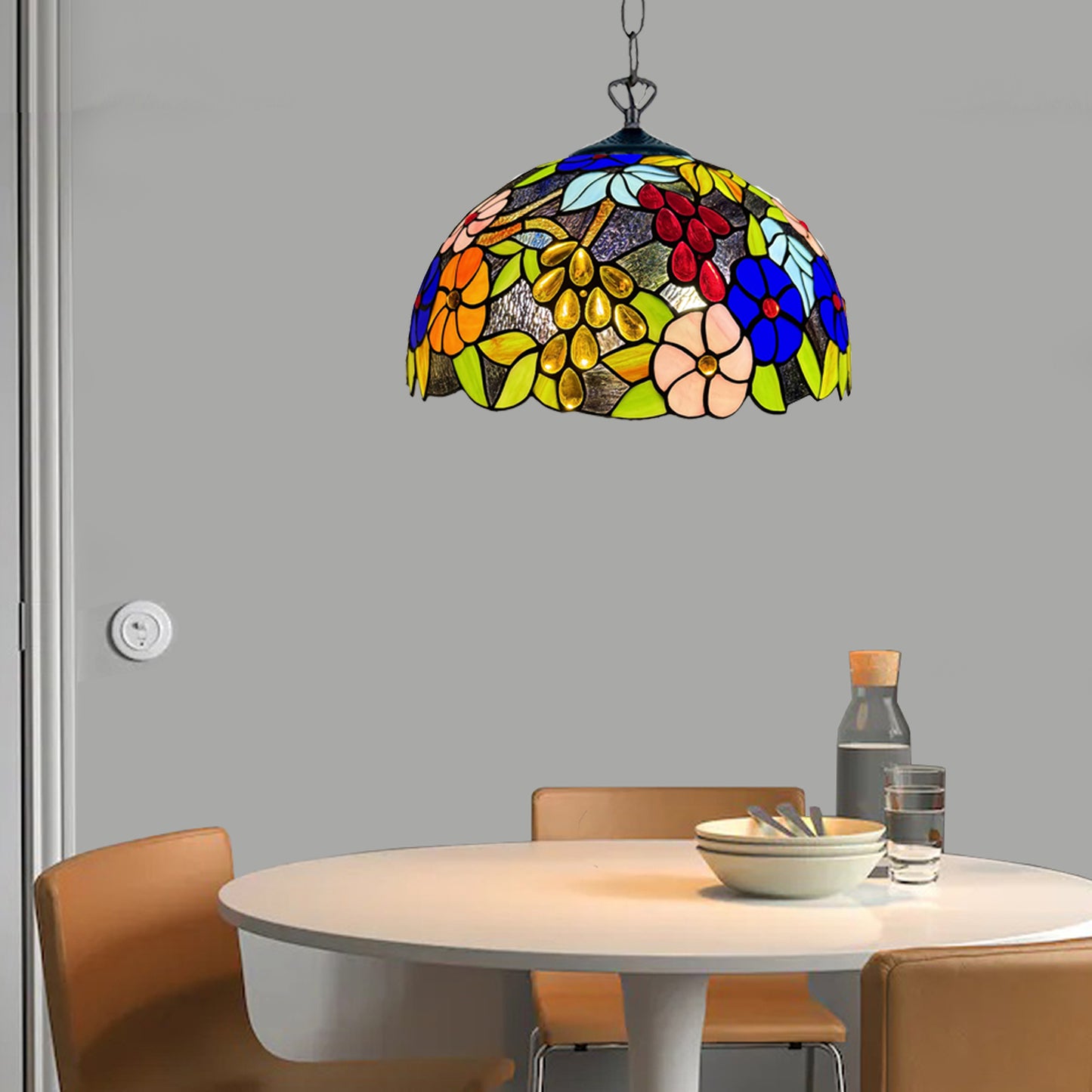Auroh Tiffany Pendant Light 16 Inch – P-1609 Multicolour Garden Floral Handcrafted Stained Glass, UK