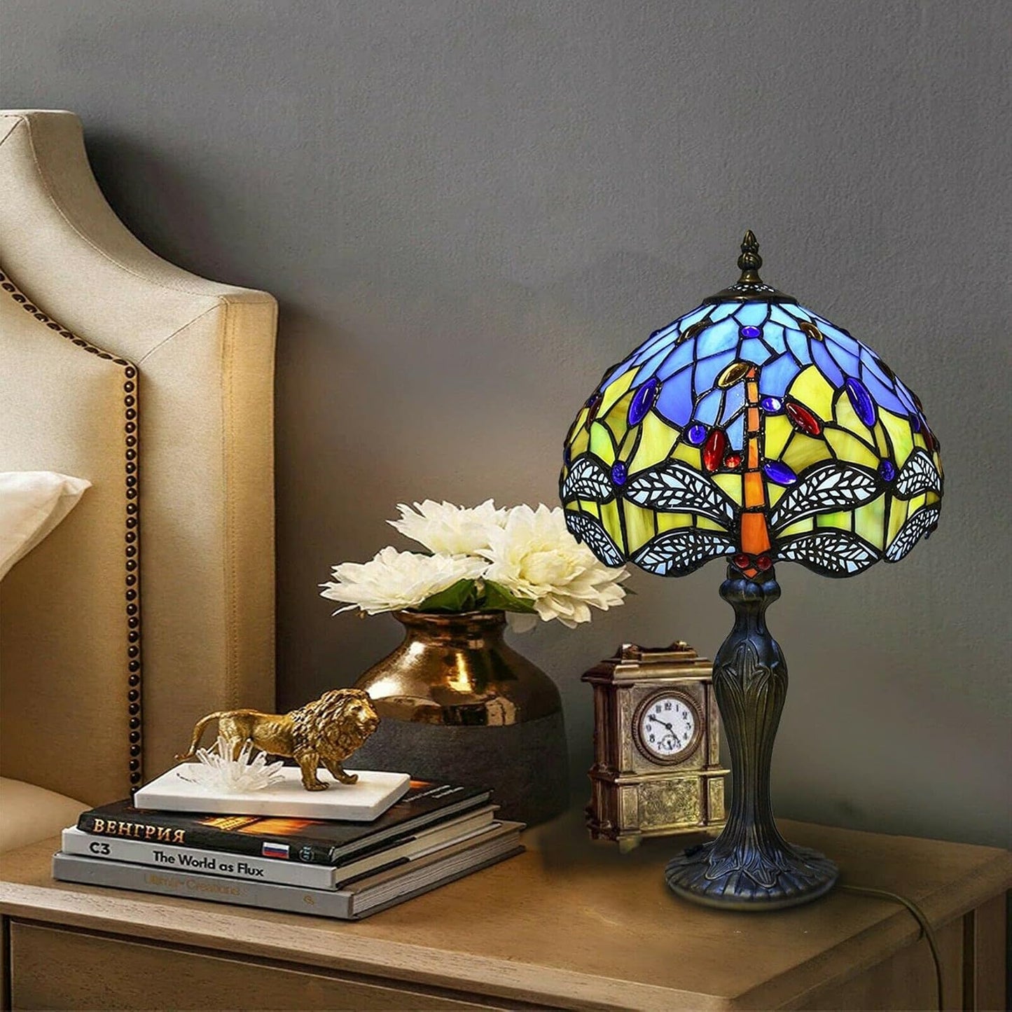 Auroh Tiffany Lights Table Lamps Handcrafted Stained Glass Lampshade Stunning Quality Antique Dragonfly Design Table Lamps for Living Room Bedside Desk Bedroom Coffee Table (TFTL-1003)