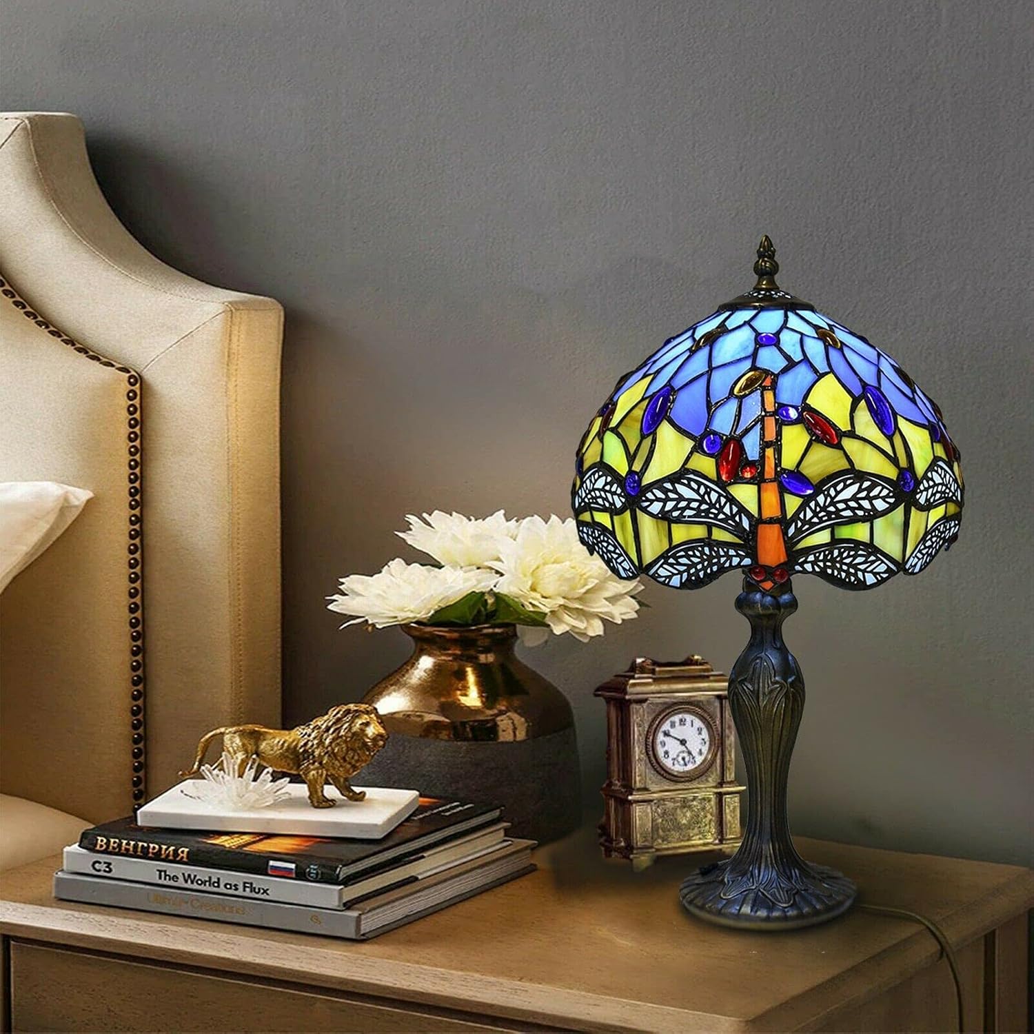 Auroh Tiffany Lights Table Lamps Handcrafted Stained Glass Lampshade Stunning Quality Antique Dragonfly Design Table Lamps for Living Room Bedside Desk Bedroom Coffee Table (TFTL-1003)