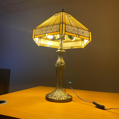 Tiffany Table Lamp Handcrafted 16 inch Stained Glass Lamp Shades Antique Design Stunning Quality Desk Lamp for Living Room Bedroom Bedside Lamps Coffee Table Yellow (TFTL-1605)