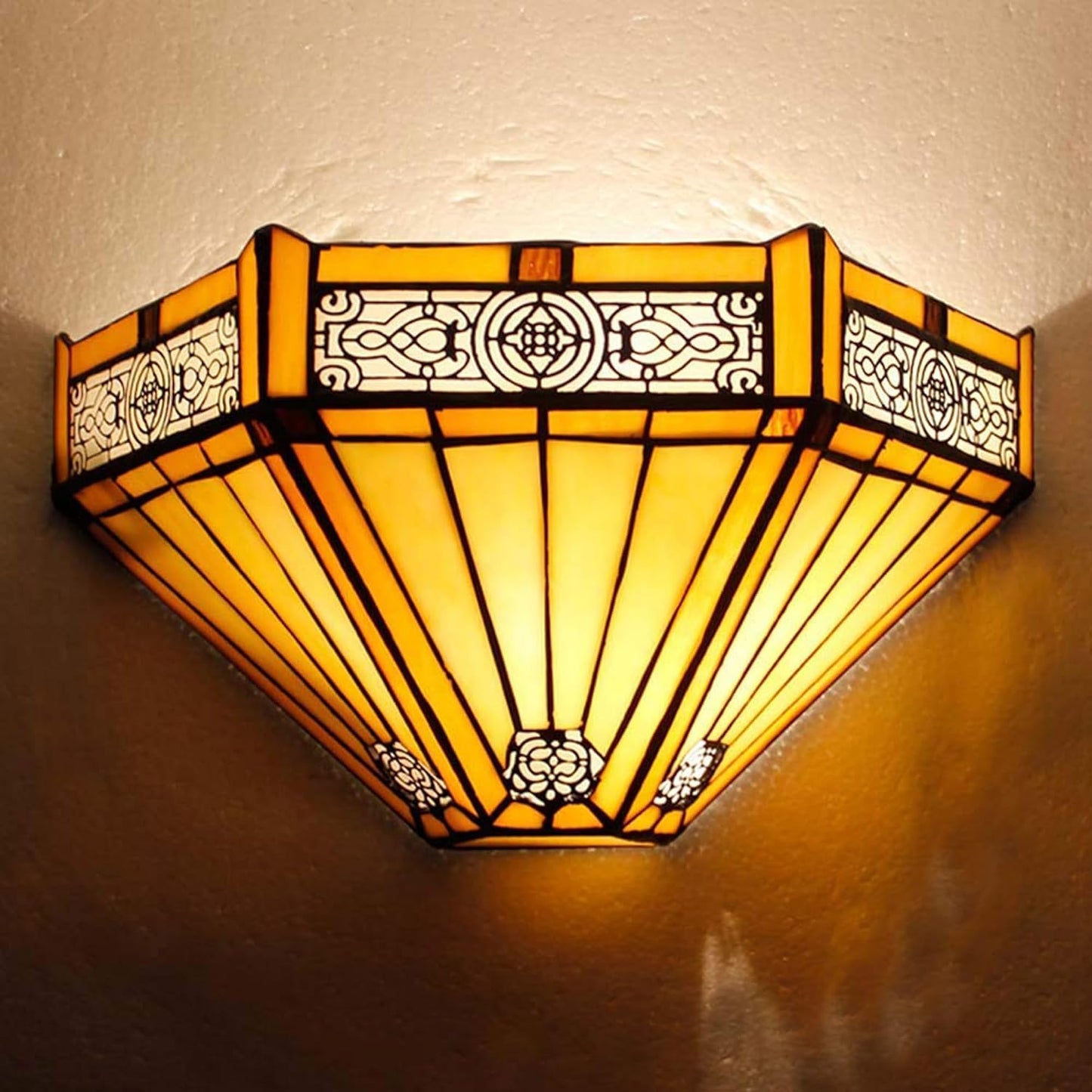 12 Inch Tiffany Style Wall Sconce Light, Yellow Hexagon Vintage Stained Glass Wall Lamp Sconce for Room, Lounge, Corridor, Hallway (TWL-1005)