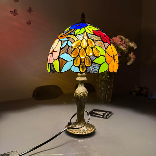 Auroh Tiffany Table Lamp 10 Inch – TFTL-1009 Vibrant Multicolour Garden Floral Handcrafted Stained Glass, Bedside or Desk, UK