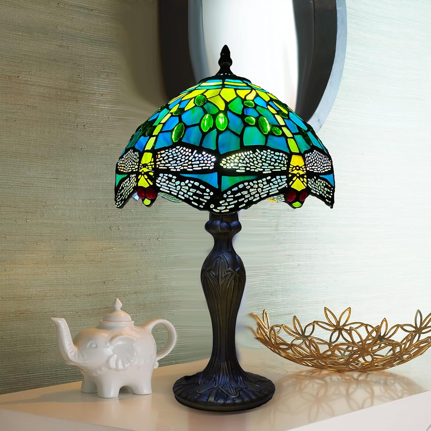Tiffany Table Lamp Handcrafted Stained Glass Green Dragonfly Lampshade Stunning Quality Antique Design Table Lamps for Living Room Bedside Desk Bedroom Coffee Table (TFTL-1015)