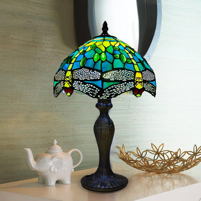 Tiffany Table Lamp Handcrafted Stained Glass Green Dragonfly Lampshade Stunning Quality Antique Design Table Lamps for Living Room Bedside Desk Bedroom Coffee Table (TFTL-1015)
