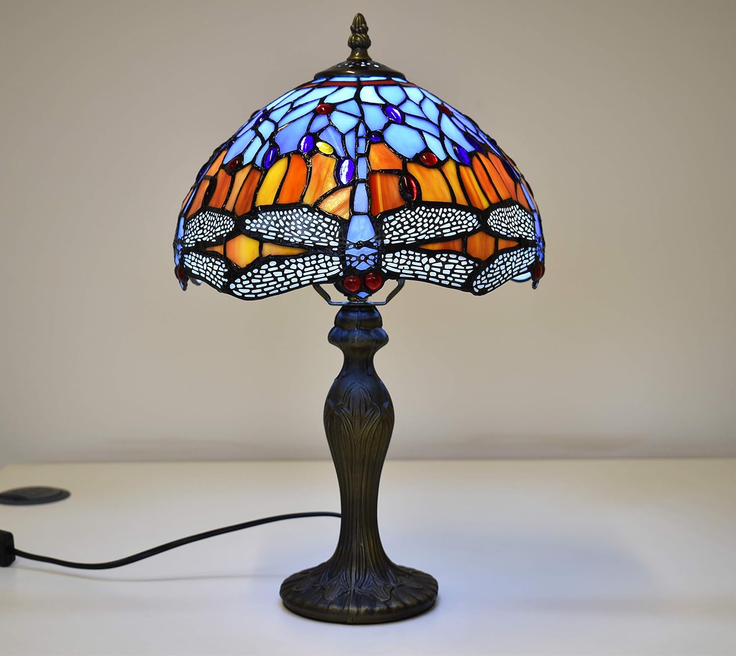 Tiffany Lamps Antique Dragonfly Design Handcrafted Stained Glass Lampshade Stunning Quality Base Table Lamps for Living Room Bedside Desk Bedroom Coffee Table (TFTL-1002)