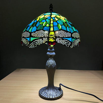 Tiffany Table Lamp Handcrafted Stained Glass Green Dragonfly Lampshade Stunning Quality Antique Design Table Lamps for Living Room Bedside Desk Bedroom Coffee Table (TFTL-1015)