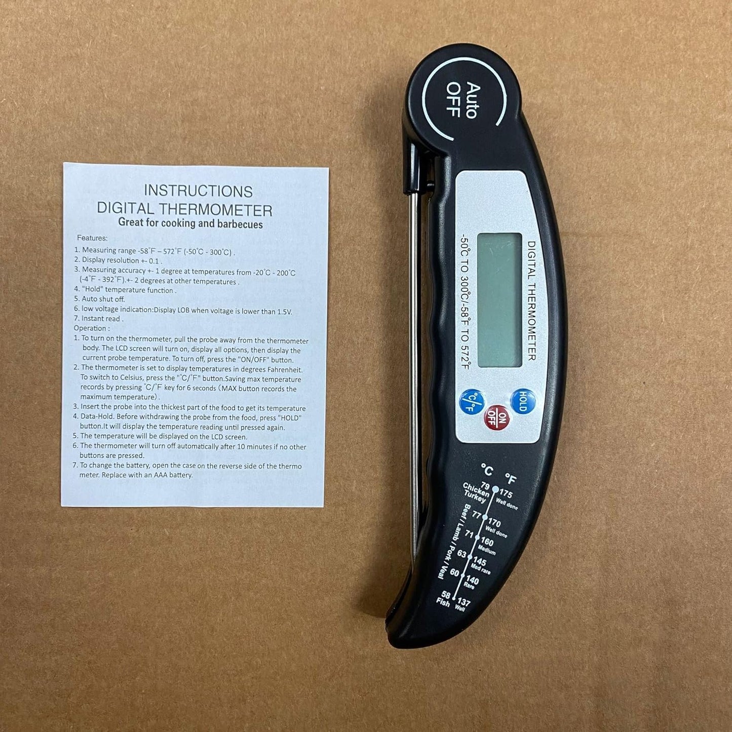 Auroh Food Thermometer with High Accuracy, Digital Cooking Thermometer with Foldable Long Probe + LCD Display, Instant Read Meat Thermometers for Kitchen Cooking, BBQ, Milk