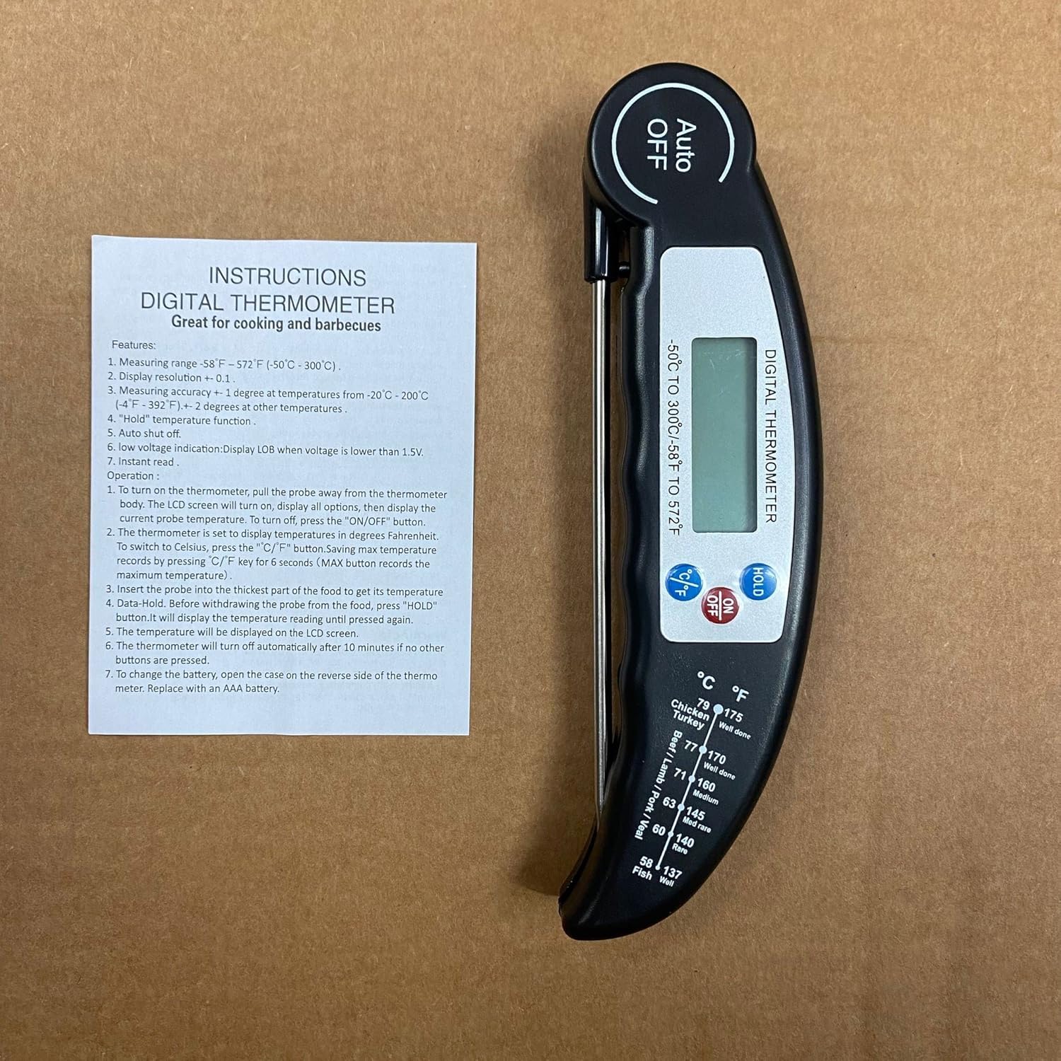 Auroh Food Thermometer with High Accuracy, Digital Cooking Thermometer with Foldable Long Probe + LCD Display, Instant Read Meat Thermometers for Kitchen Cooking, BBQ, Milk