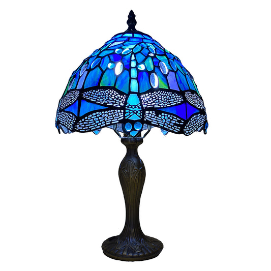 Auroh Tiffany Table Lamp 10 Inch – TFTL-1007 Deep Sapphire Blue Dragonfly Handcrafted Stained Glass, Bedside or Desk, UK
