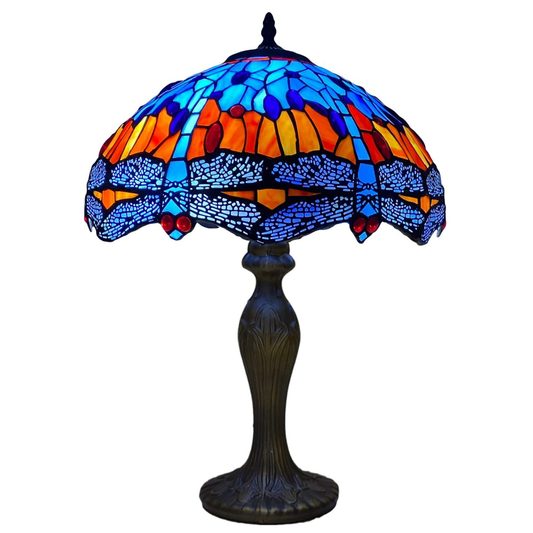 Auroh Tiffany table lamp 16 inch TFTL-1602 blue and amber sunset dragonfly stained glass shade on bronze base