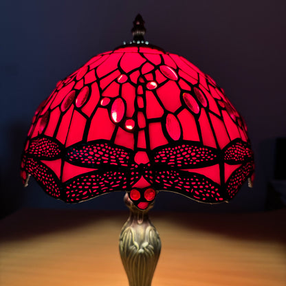 Auroh Tiffany Table Lamp 10 Inch – TFTL-1006 Red Dragonfly with White Wings Handcrafted Stained Glass, Bedside or Desk