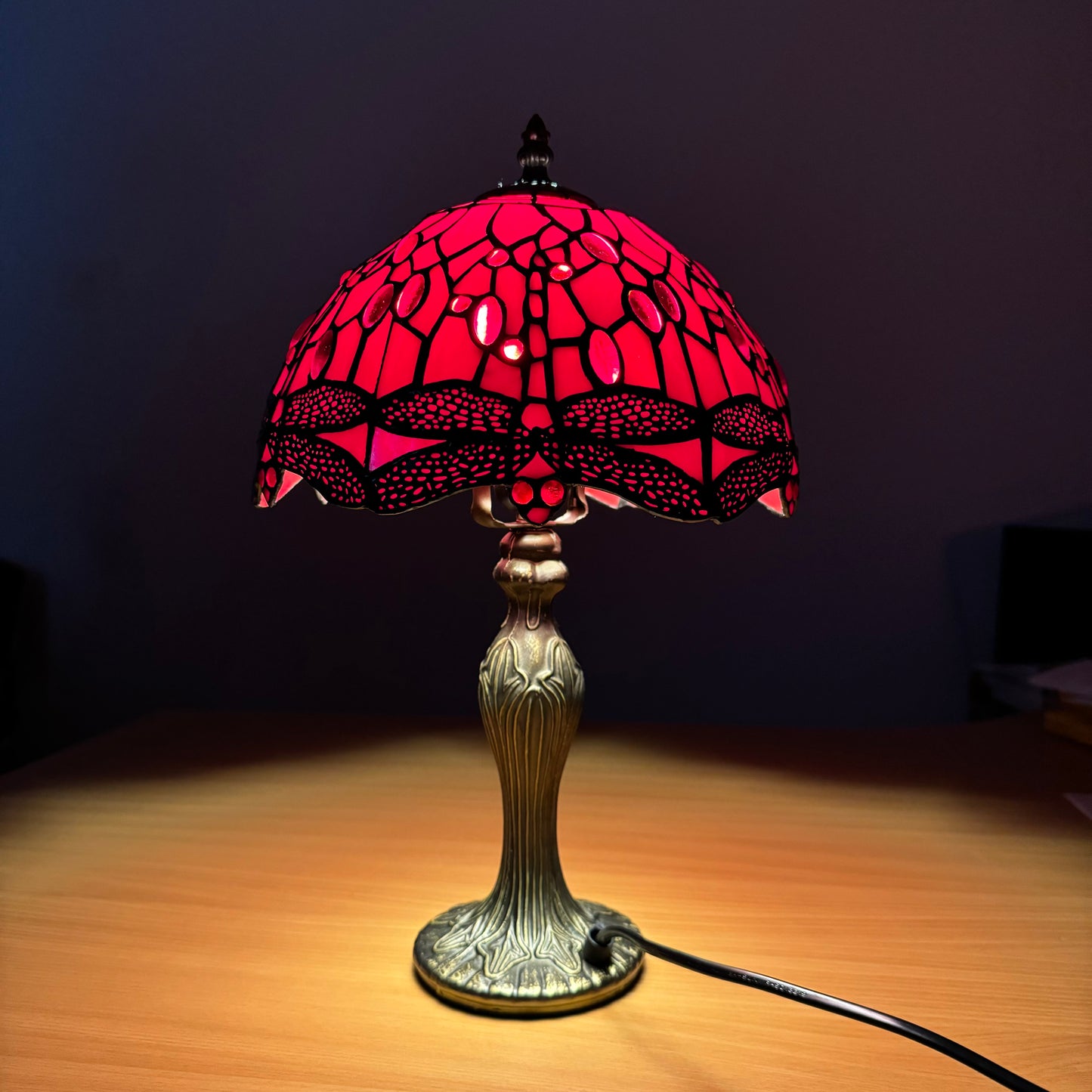 Auroh Tiffany Table Lamp 10 Inch – TFTL-1006 Red Dragonfly with White Wings Handcrafted Stained Glass, Bedside or Desk