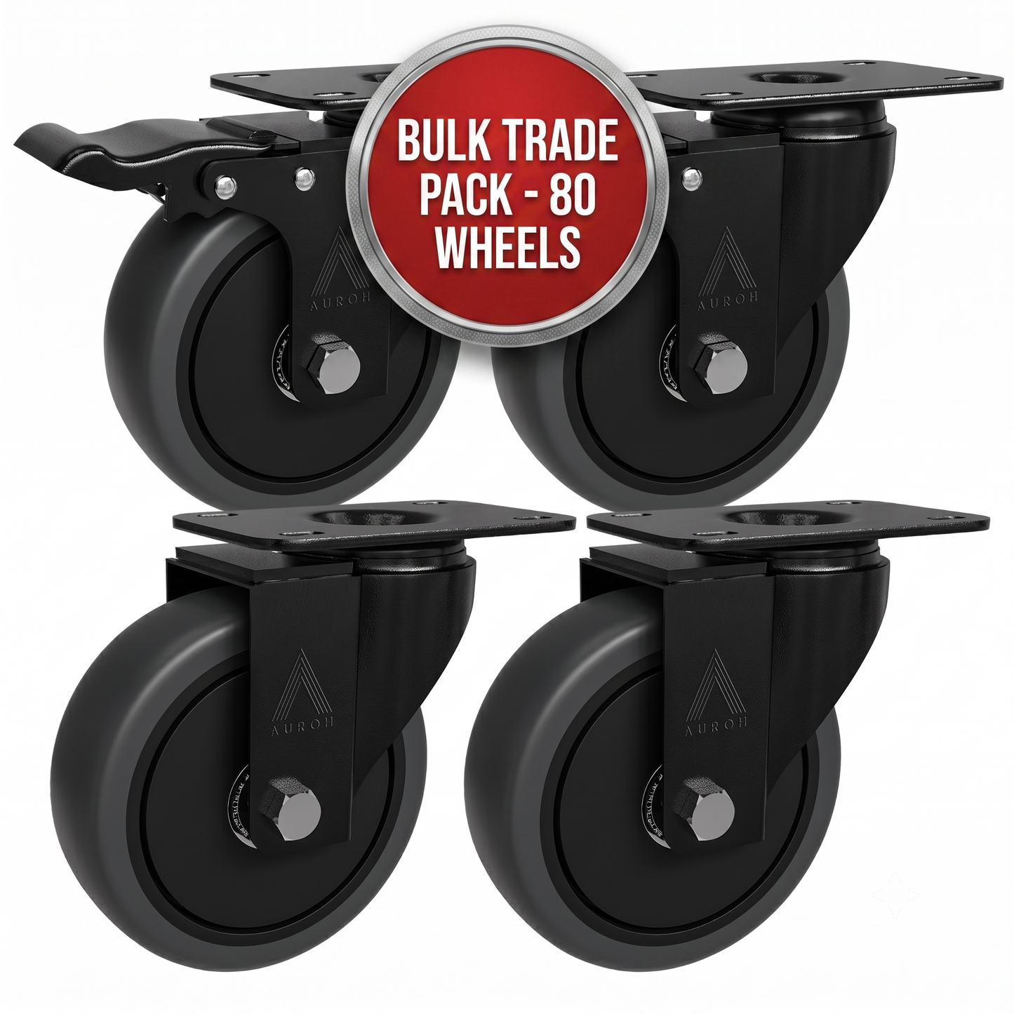 Auroh 100mm Grey Castor Wheels – Bulk Trade Pack (20 Sets / 80 Wheels - 40 with break and 40 without break)