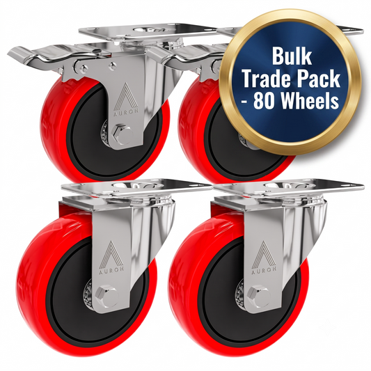 Auroh 100mm red castor wheels bulk trade pack 20 sets 80 wheels heavy duty rubber swivel