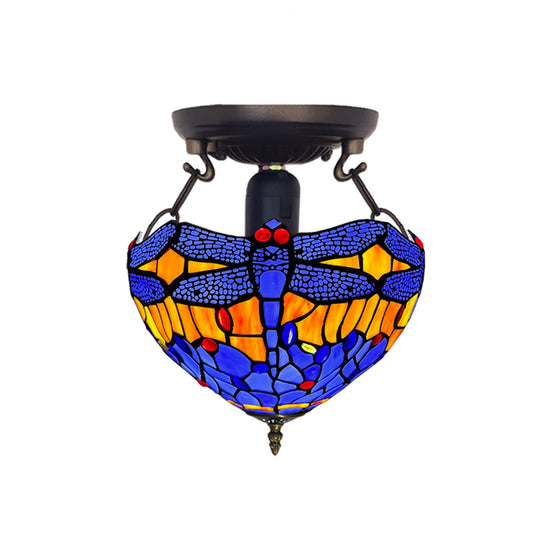 Auroh Tiffany Ceiling Light 10 Inch – C-1002 Blue & Amber Sunset Dragonfly Handcrafted Stained Glass, Bedroom or Hallway, UK