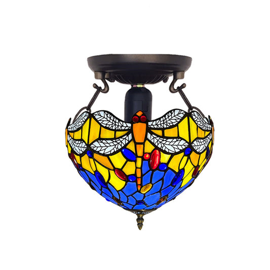 Auroh Tiffany Ceiling Light 10 Inch – C-1003 Blue & Yellow Dragonfly with White Wings Handcrafted Stained Glass, Bedroom or Hallway, UK