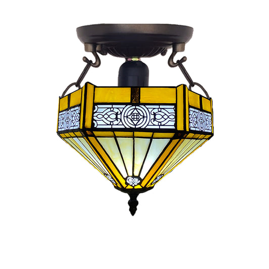 Auroh Tiffany Ceiling Light 10 Inch – C-1005 Yellow Amber Mission-Style Geometric Handcrafted Stained Glass, Bedroom or Hallway, UK