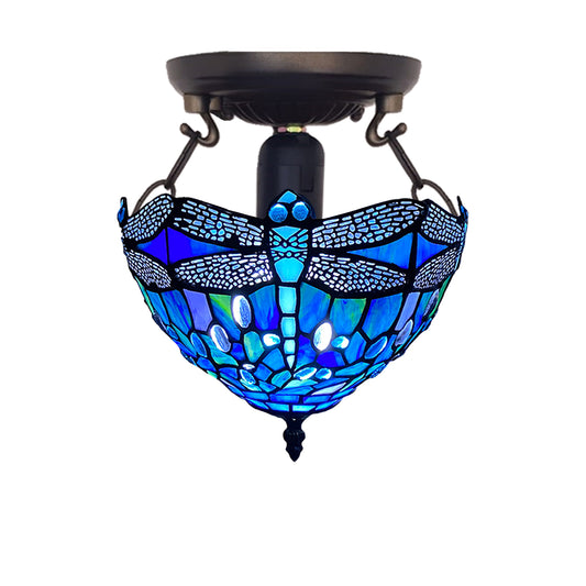 Auroh Tiffany Ceiling Light 10 Inch – C-1007 Deep Sapphire Blue Dragonfly Handcrafted Stained Glass, Bedroom or Hallway, UK