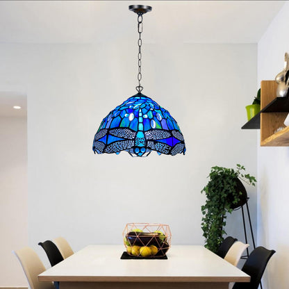 Auroh Tiffany Pendant Light 10 Inch – P-1007 Deep Sapphire Blue Dragonfly Handcrafted Stained Glass, Hallway or Bedroom, UK