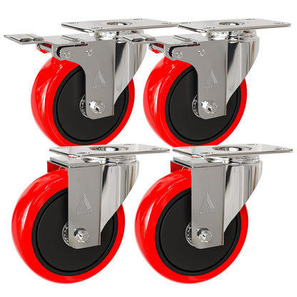 100mm Red Castor Wheels Set of 4 (with and without Brakes)