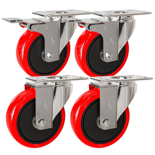 100mm Red Castor Wheels Set of 4 (with and without Brakes)