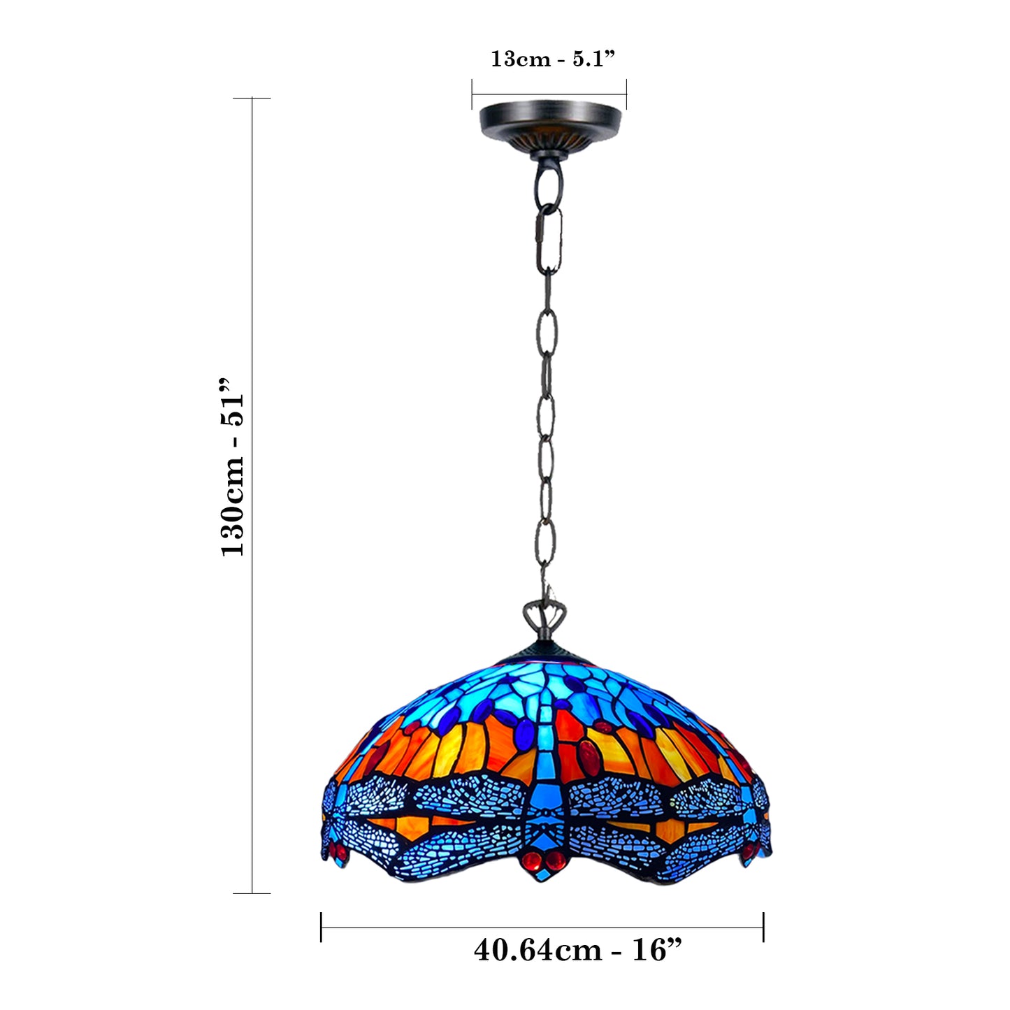 Auroh Tiffany Pendant Light 16 Inch – P-1602 Blue & Amber Sunset Dragonfly Handcrafted Stained Glass, UK