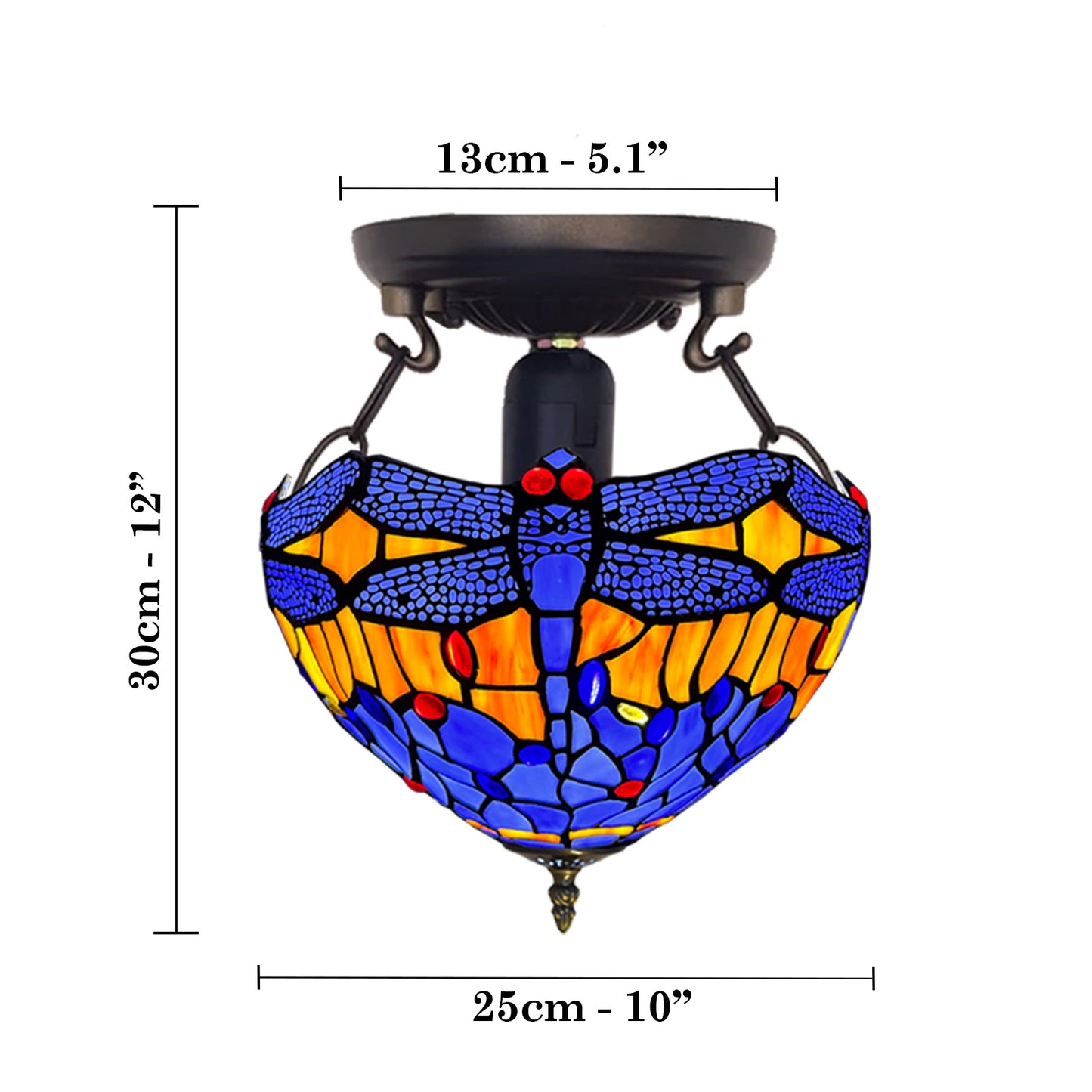 Auroh Tiffany Ceiling Light 10 Inch – C-1002 Blue & Amber Sunset Dragonfly Handcrafted Stained Glass, Bedroom or Hallway, UK