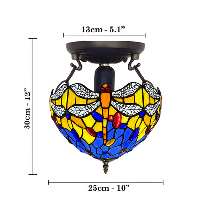 Auroh Tiffany Ceiling Light 10 Inch – C-1003 Blue & Yellow Dragonfly with White Wings Handcrafted Stained Glass, Bedroom or Hallway, UK