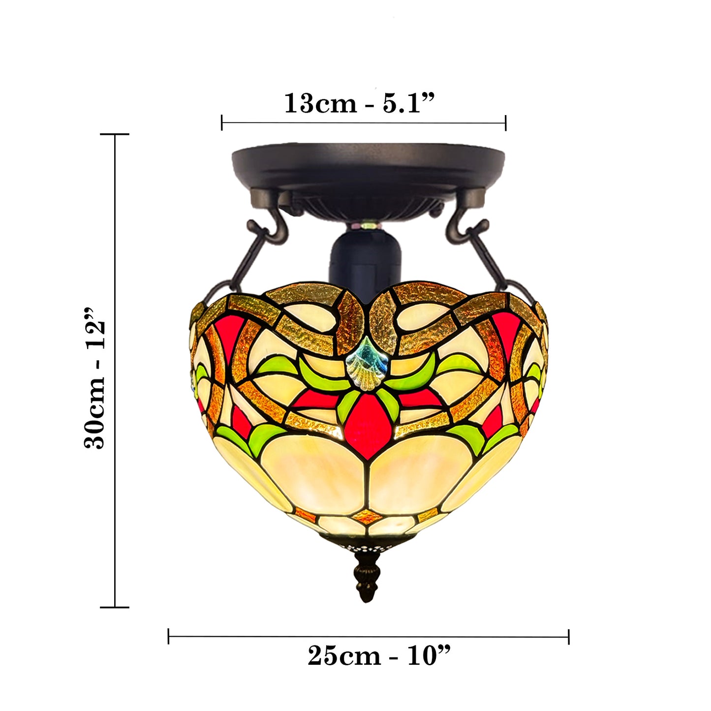 Auroh Tiffany Ceiling Light 10 Inch – C-1050 Cream & Amber Floral Scroll Handcrafted Stained Glass, Bedroom or Hallway, UK