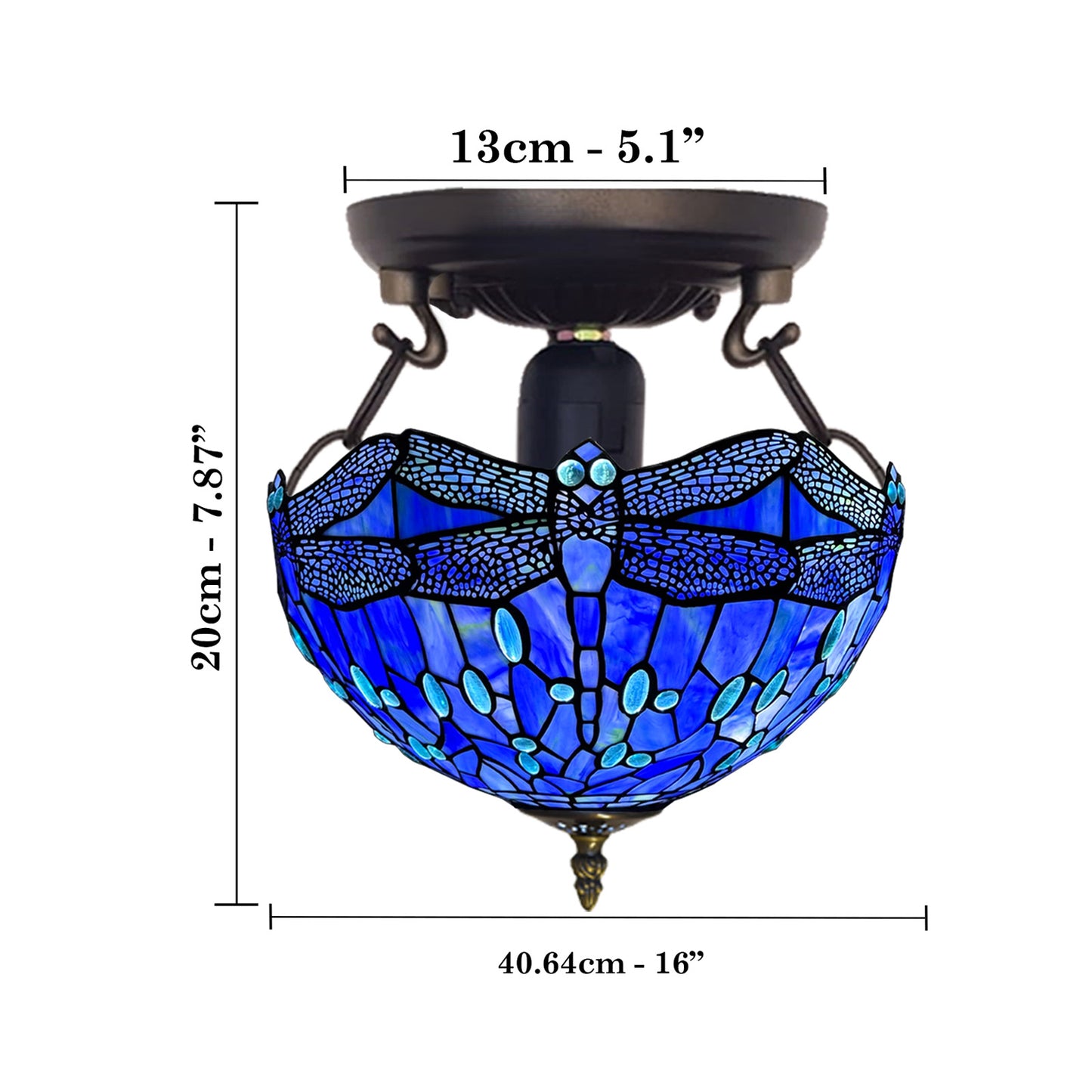 Auroh Tiffany Ceiling Light 16 Inch – C-1607 Deep Sapphire Blue Dragonfly Handcrafted Stained Glass, UK