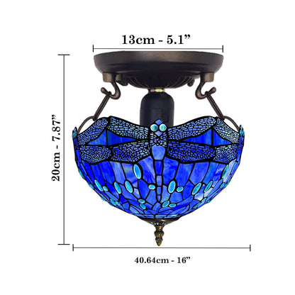 Auroh Tiffany Ceiling Light 16 Inch – C-1607 Deep Sapphire Blue Dragonfly Handcrafted Stained Glass, UK