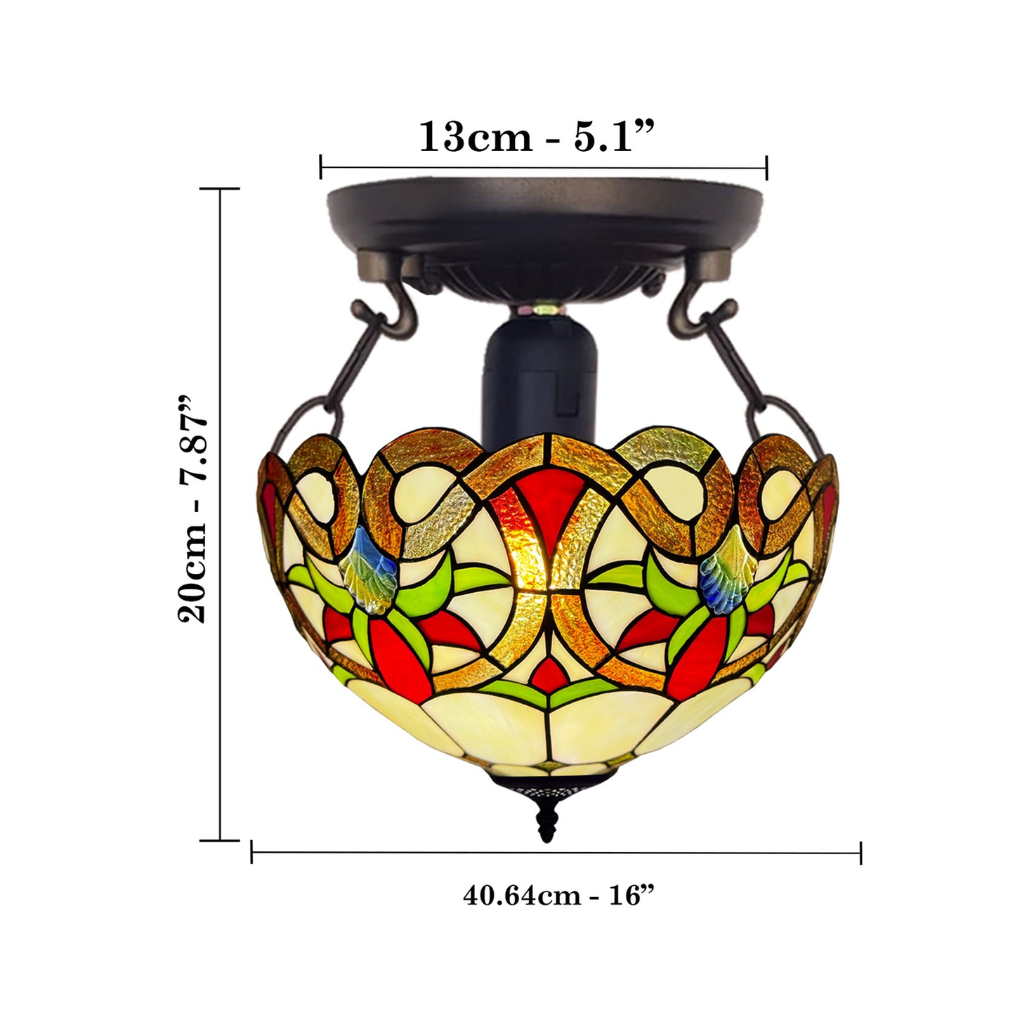 Auroh Tiffany Ceiling Light 16 Inch – C-1650 Amber Victorian Floral Scroll Handcrafted Stained Glass, UK