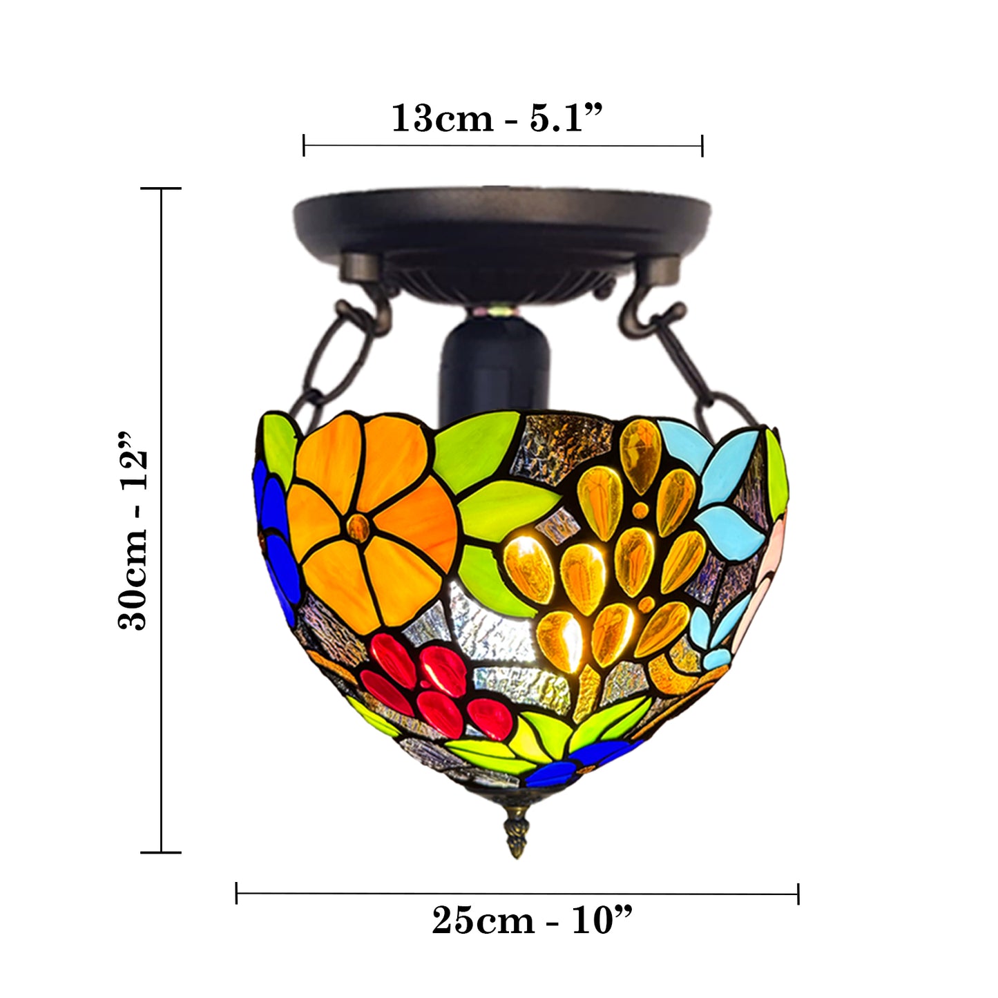 Auroh Tiffany Ceiling Light 10 Inch – C-1009 Vibrant Multicolour Garden Floral Handcrafted Stained Glass, Bedroom or Lounge, UK