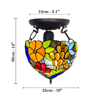 Auroh Tiffany Ceiling Light 10 Inch – C-1009 Vibrant Multicolour Garden Floral Handcrafted Stained Glass, Bedroom or Lounge, UK