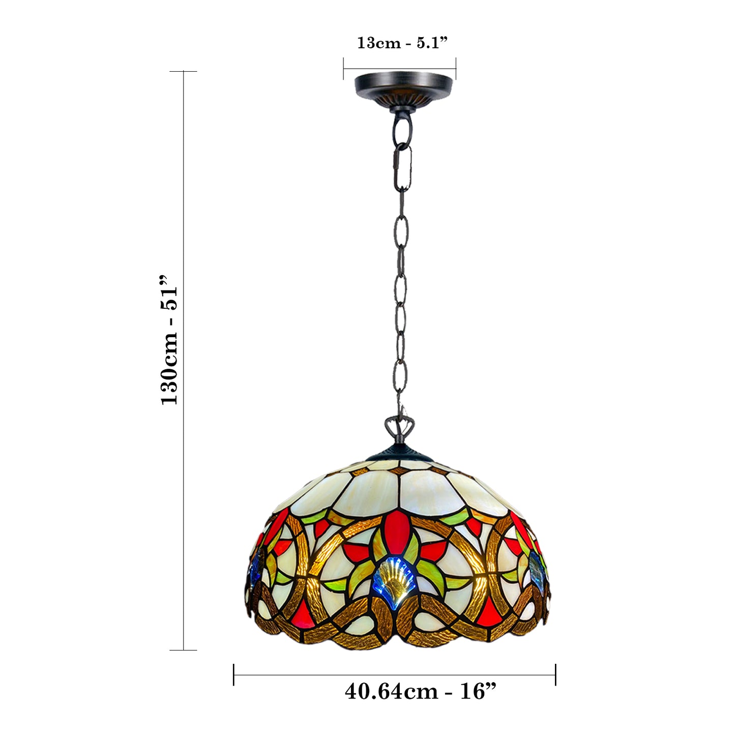 Auroh Tiffany Pendant Light 16 Inch – P-1650 Amber Victorian Floral Scroll Handcrafted Stained Glass, UK