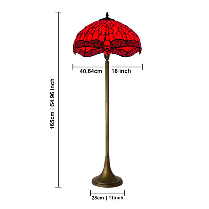 Auroh Tiffany Floor Lamp 16 Inch – TFL-1606 Deep Scarlet Red Jewelled Dragonfly Handcrafted Stained Glass, 168cm, UK