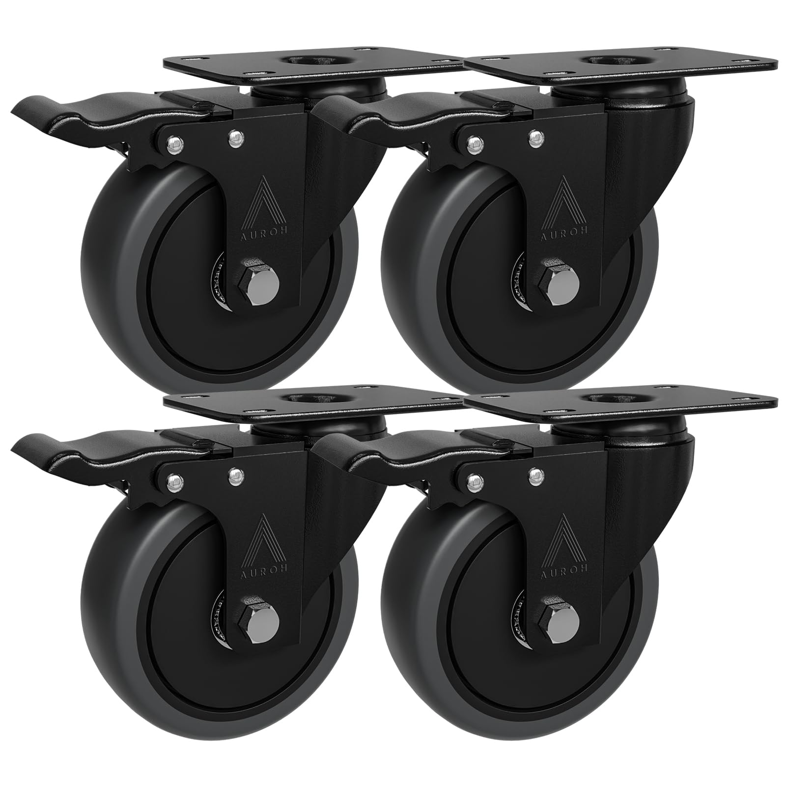 4x Heavy Duty Castor Wheels, Swivel Furniture Caster - 100mm up to 600KG - Pack of 4 (2 with Brakes) No Floor Marks Silent Caster for Furniture - Rubbered Trolley Wheels - Grey Castors