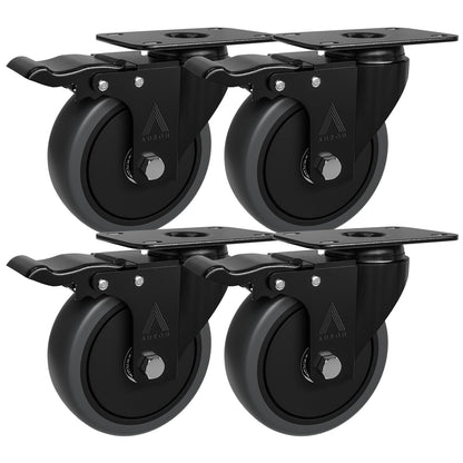 4x Heavy Duty Castor Wheels, Swivel Furniture Caster - 100mm up to 600KG - Pack of 4 (2 with Brakes) No Floor Marks Silent Caster for Furniture - Rubbered Trolley Wheels - Grey Castors