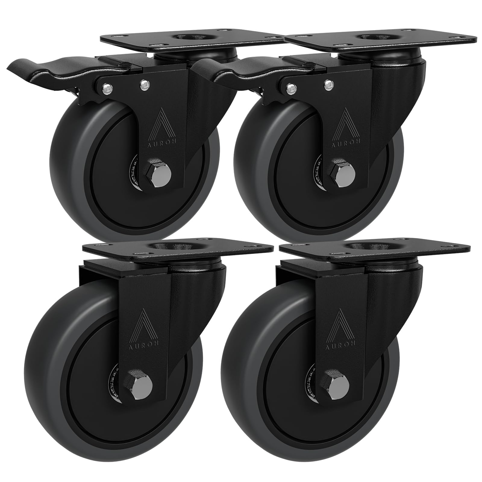 4x Heavy Duty Castor Wheels, Swivel Furniture Caster - 100mm up to 600KG - Pack of 4 (2 with Brakes) No Floor Marks Silent Caster for Furniture - Rubbered Trolley Wheels - Grey Castors