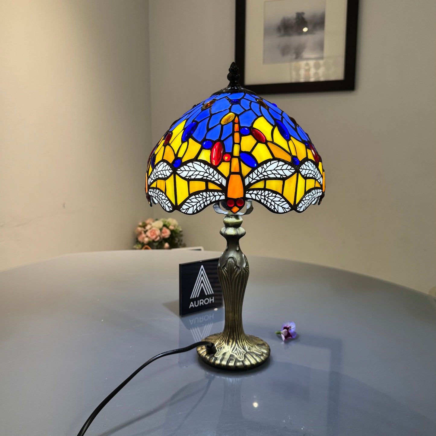 Auroh Tiffany Table Lamp 10 Inch – TFTL-1003 Blue & Yellow Dragonfly with White Wings Handcrafted Stained Glass, Bedside or Desk, UK
