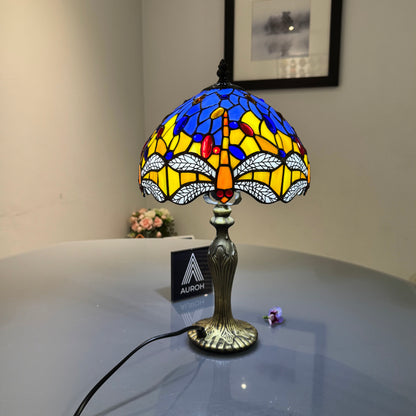 Auroh Tiffany Table Lamp 10 Inch – TFTL-1003 Blue & Yellow Dragonfly with White Wings Handcrafted Stained Glass, Bedside or Desk, UK