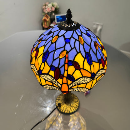 Auroh Tiffany Table Lamp 10 Inch – TFTL-1003 Blue & Yellow Dragonfly with White Wings Handcrafted Stained Glass, Bedside or Desk, UK