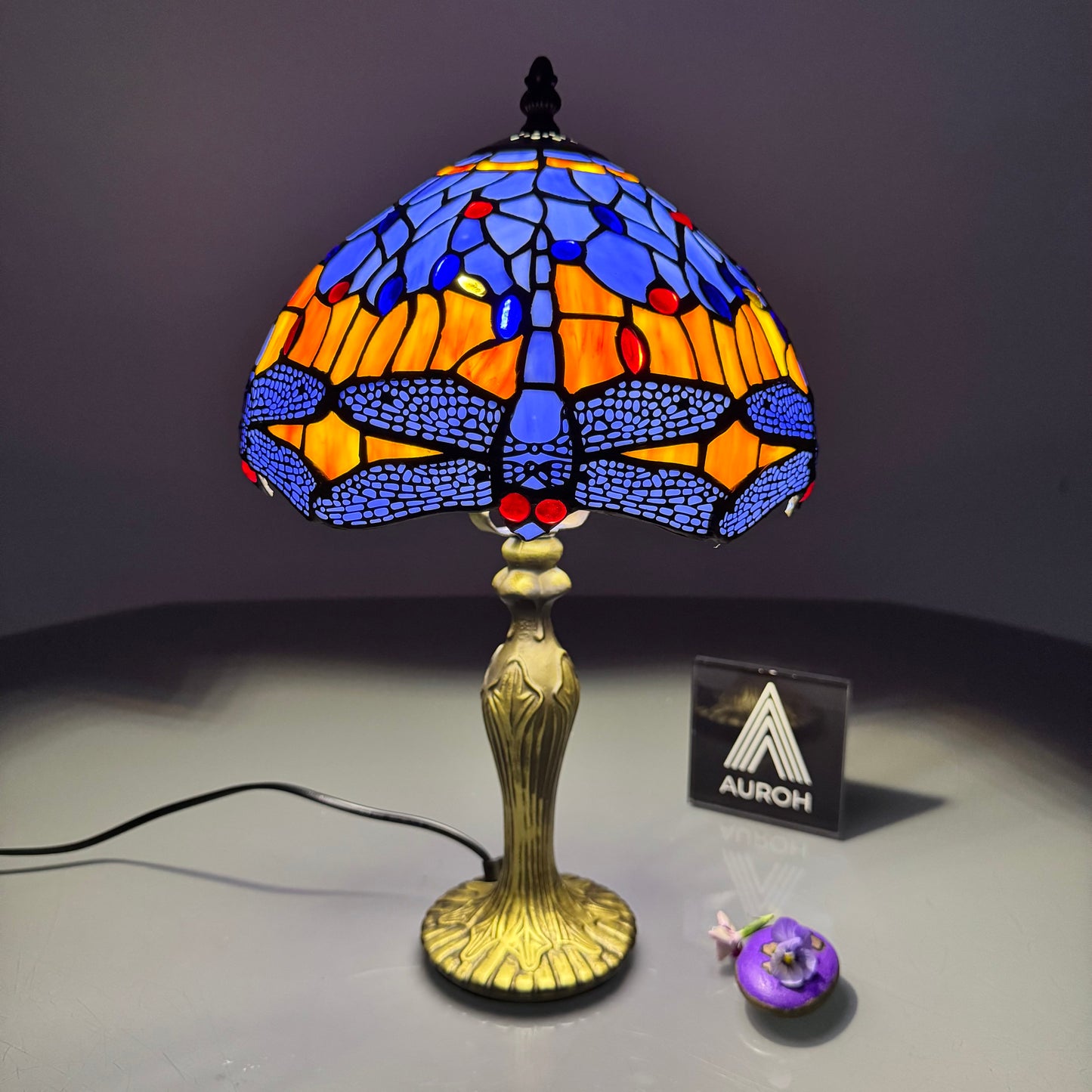 Auroh Tiffany Table Lamp 10 Inch – TFTL-1002 Blue & Amber Sunset Dragonfly Handcrafted Stained Glass, Bedside or Desk, UK