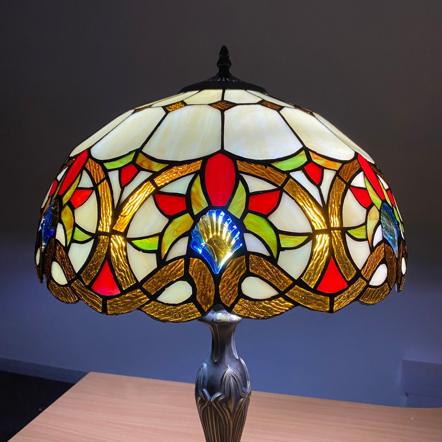 Tiffany style table lamp antique bronze base detail with ornate scroll design