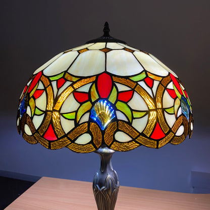 Tiffany style table lamp antique bronze base detail with ornate scroll design